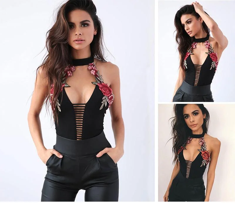 BLACK FLORAL EMBROIDERED BODYSUIT