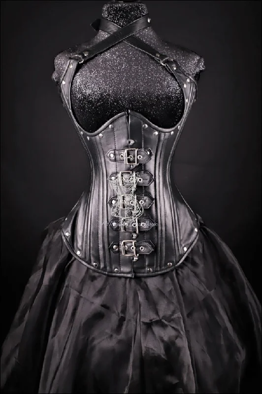 Leather Underbust Corset; Buckle Halter in Black