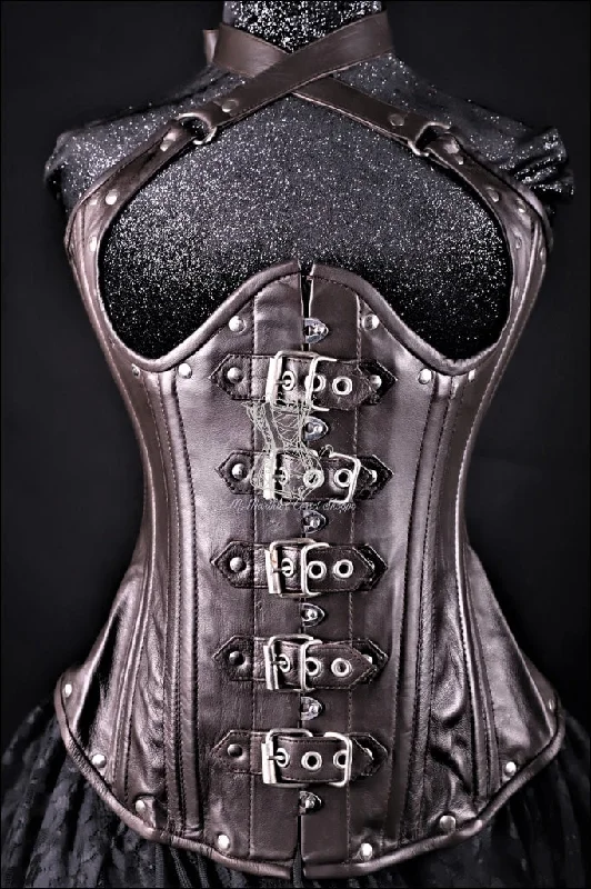 Leather Underbust Corset; Buckle Halter in Brown