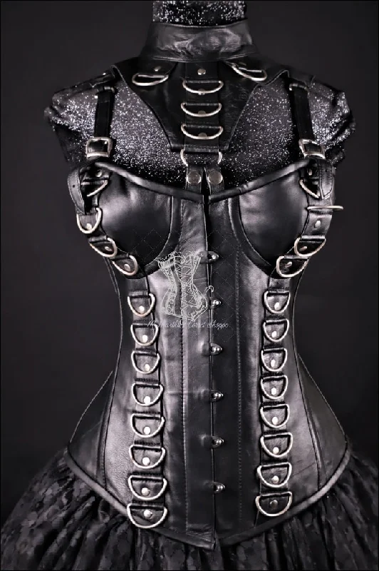 Leather Overbust Corset; D Rings with a removable Neck Piece in all Black