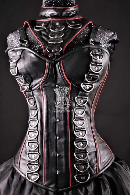 Leather Overbust Corset; D Rings with a removable Neck Piece in all Black with Red Piping