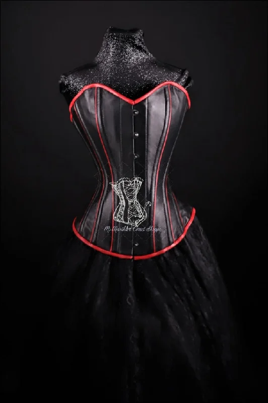 Leather Overbust Corset; Piping Series - Black with Red Piping