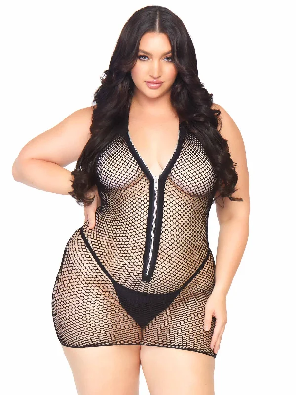 Fishnet Zip-Up Halter Mini Dress