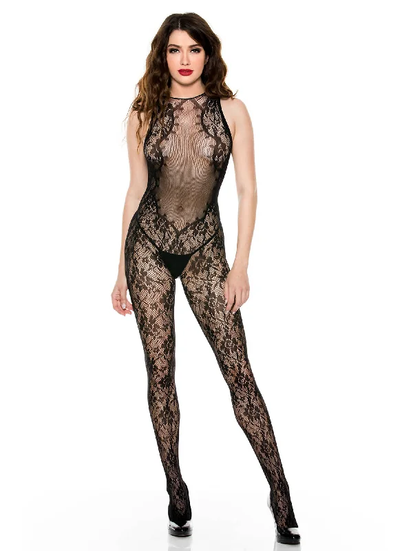 High Neck Open Crotch Floral Bodystocking