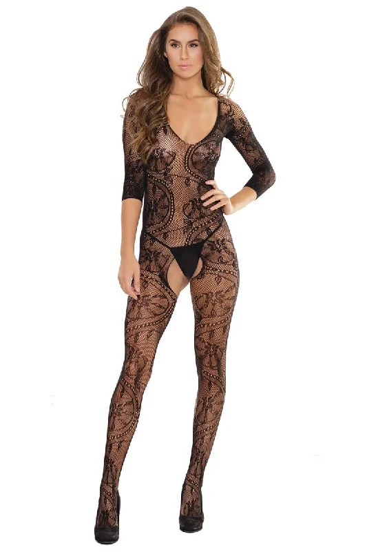 Lace Print Long Sleeve Bodystocking - One Size