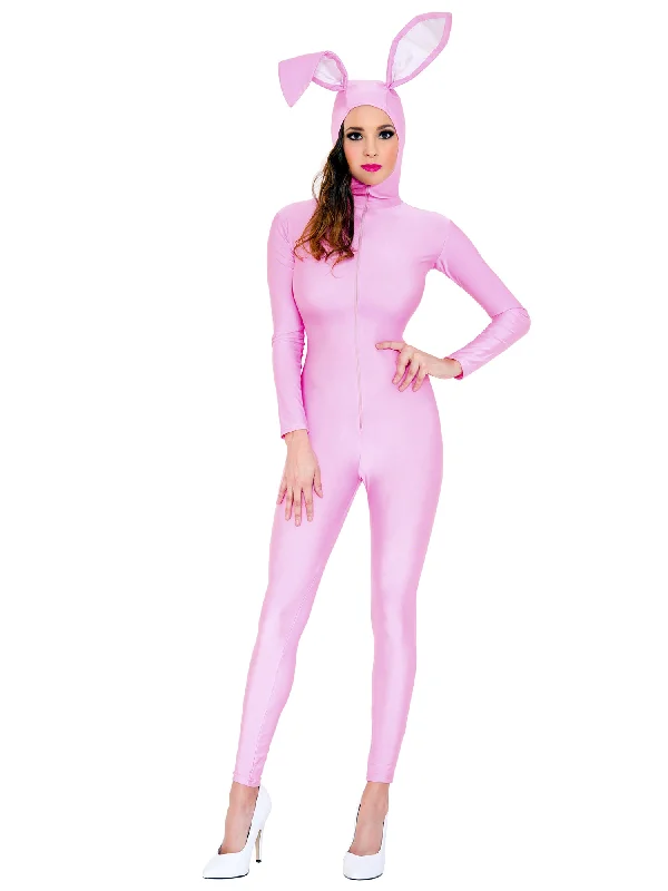 Long Sleeve Pink Bodystocking with Attached Bunny Ears