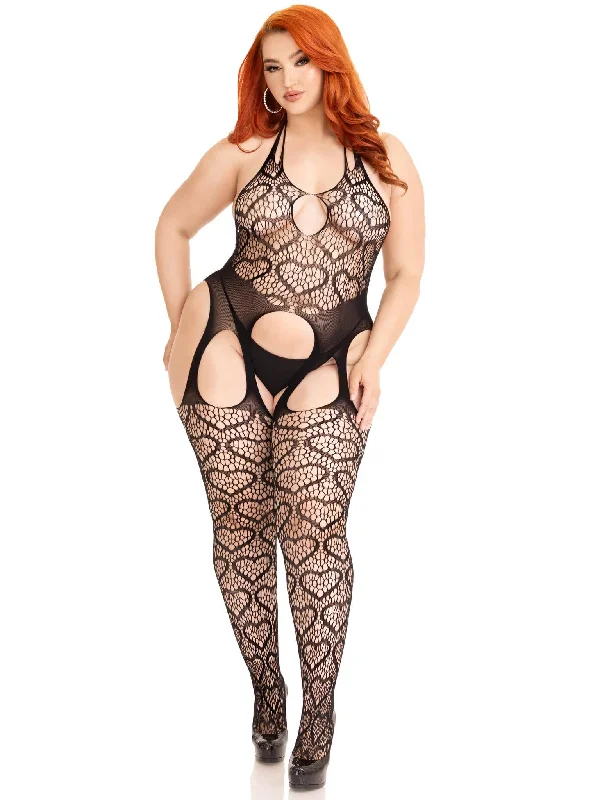 Seamless Heart Net Suspender Bodystocking - 1x/2x  - Black