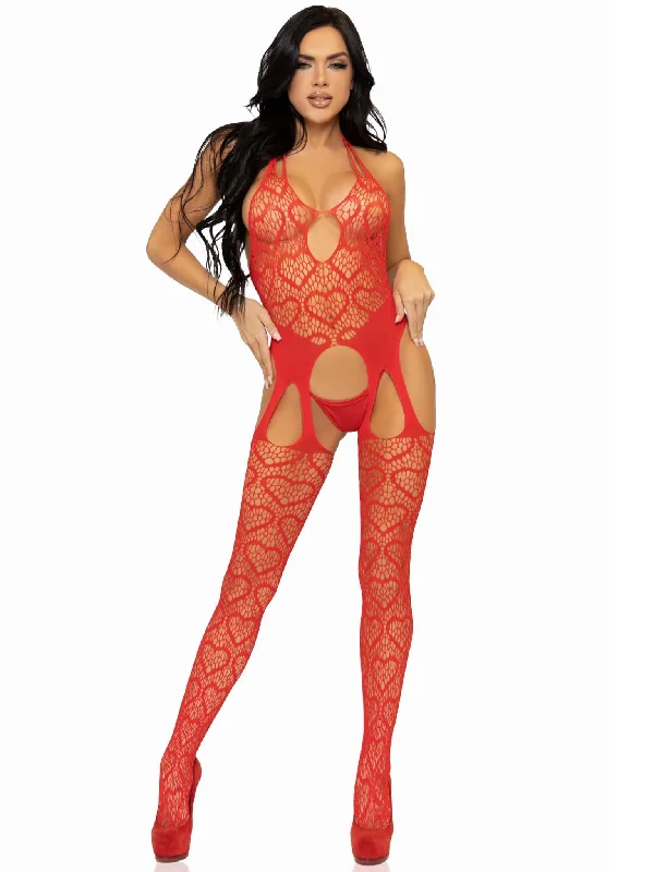 Seamless Heart Net Suspender Bodystocking - One  Size - Red