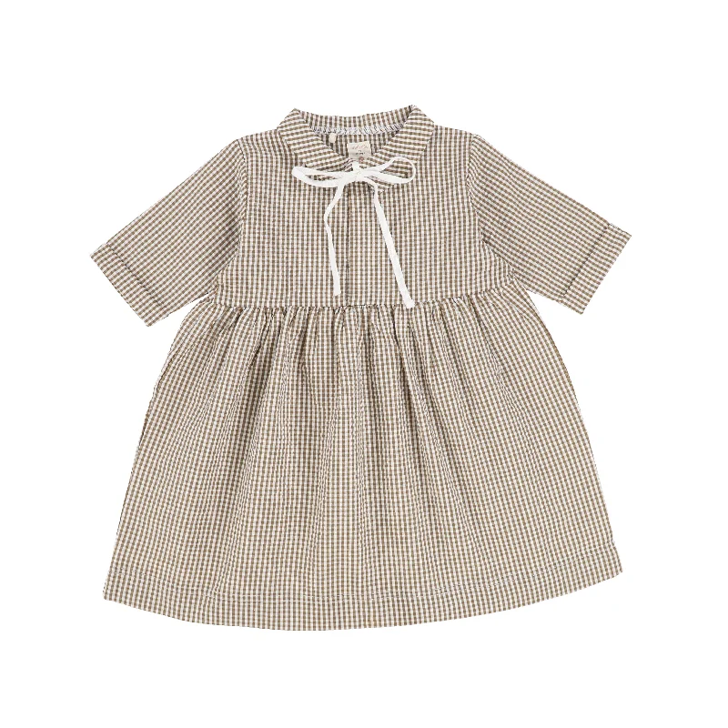 Analogie Gingham Dress Three Quarter Sleeve - Caramel