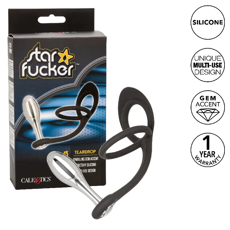 California Exotics - Star F*cker Teardrop Anal Plug with Cock Support (Silver)